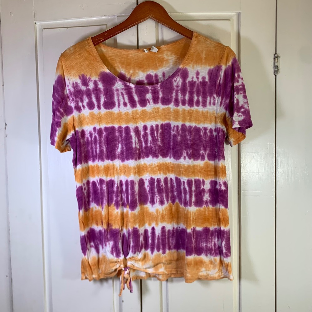 Cato Womens Purple Orange Tie Dye Short Sleeve Front Tie Top Size Medium READ